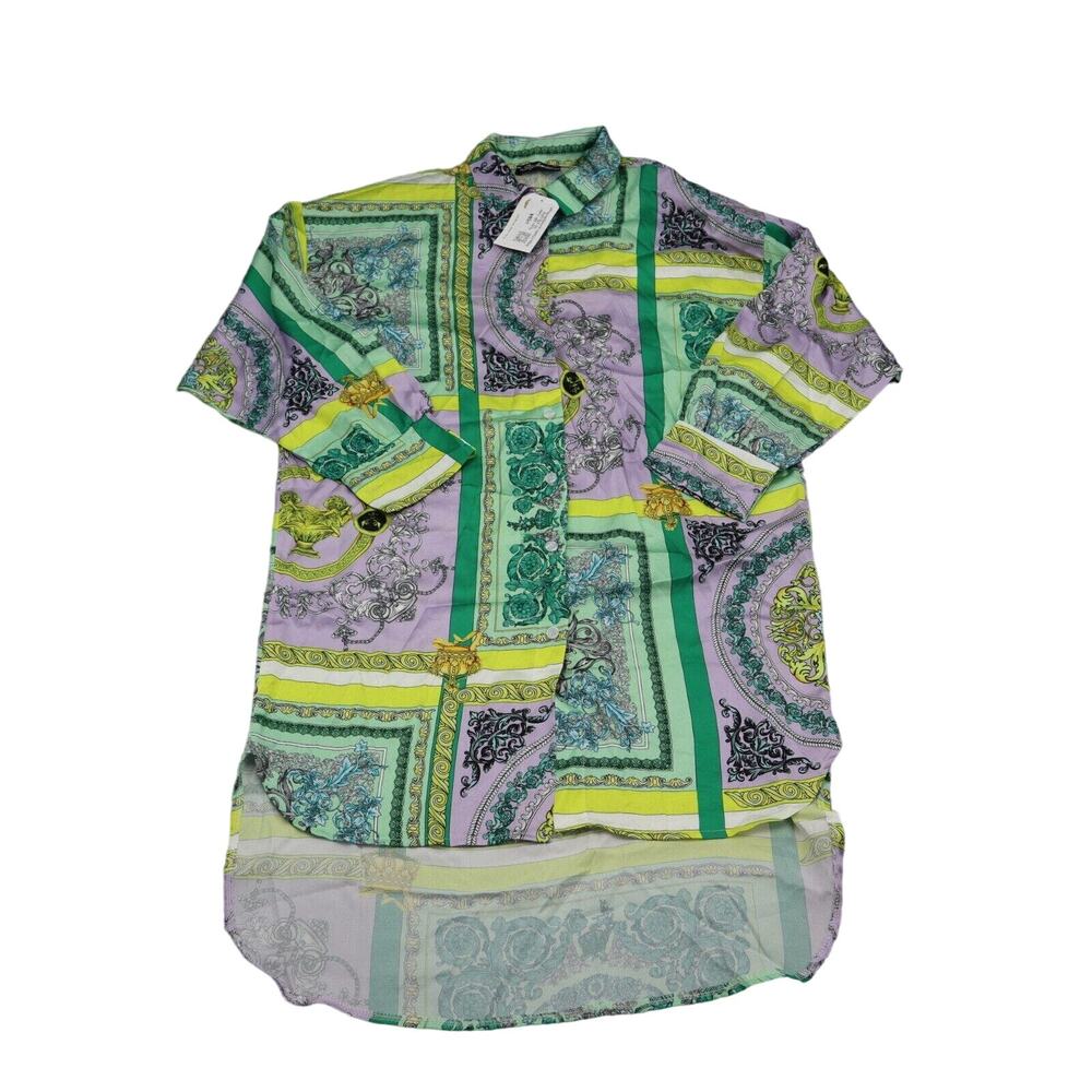 Stylewise Shirt Womens M Green Purple Printed Long Sleeve Button Up Collared Top